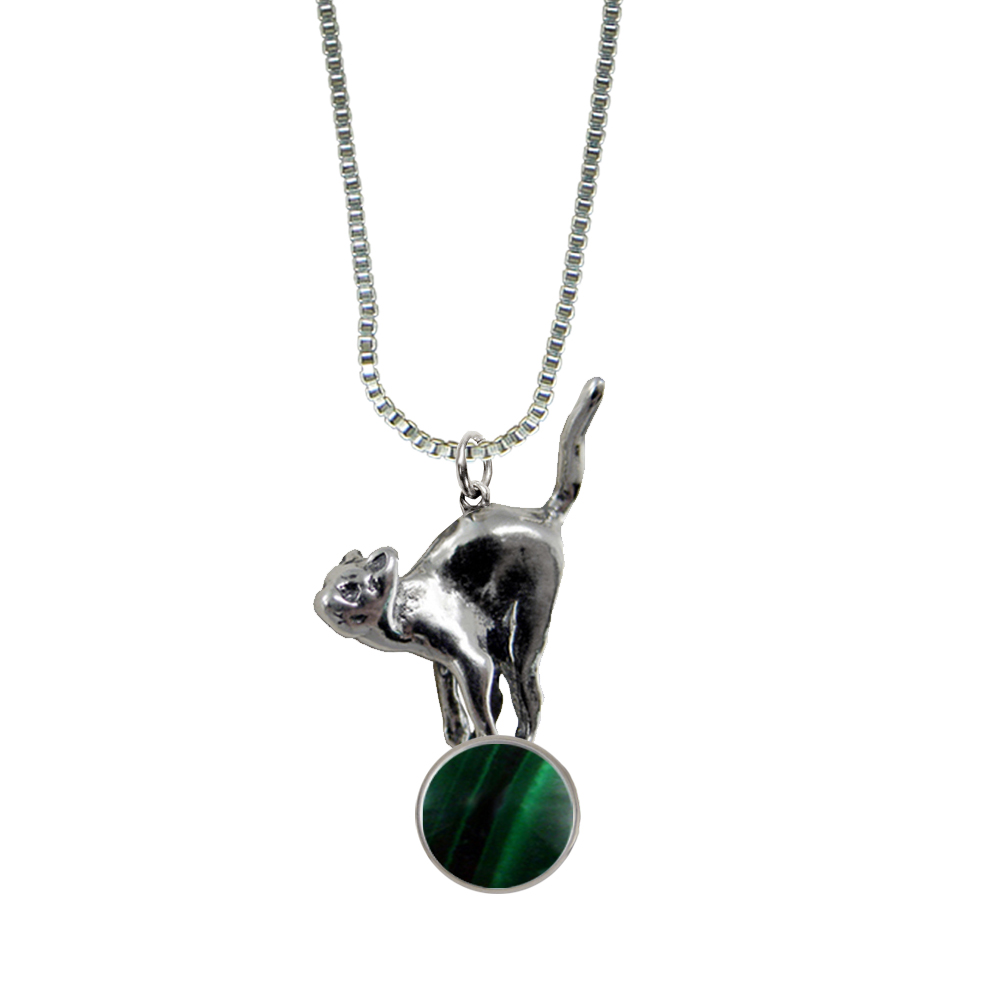Sterling Silver Playful Kitty Cat About To Jump Pendant With Malachite